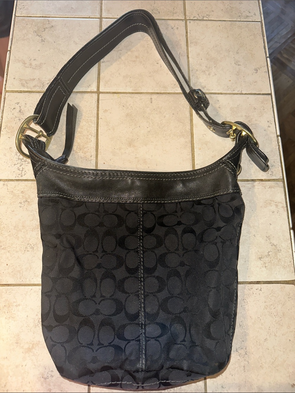 Coach Black Signature Canvas Shoulder Bag with Gold Hardware